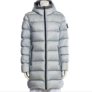 Moose Knuckles Lighten Up Down Mid Length Hooded Coat In Light Blue Size XS
